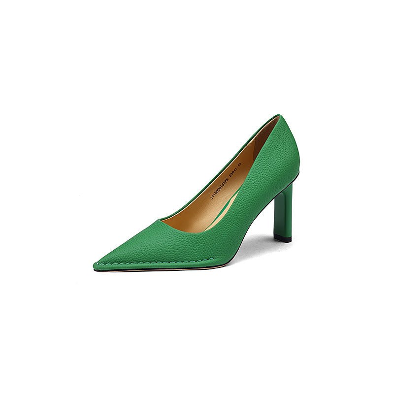 High Heel Shoes Thick High Heel Pointed Cowhide Shallow Mouth Pumps - Elora Moda