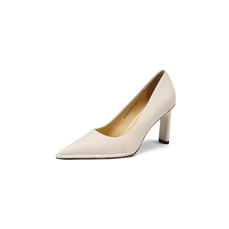 High Heel Shoes Thick High Heel Pointed Cowhide Shallow Mouth Pumps - Elora Moda
