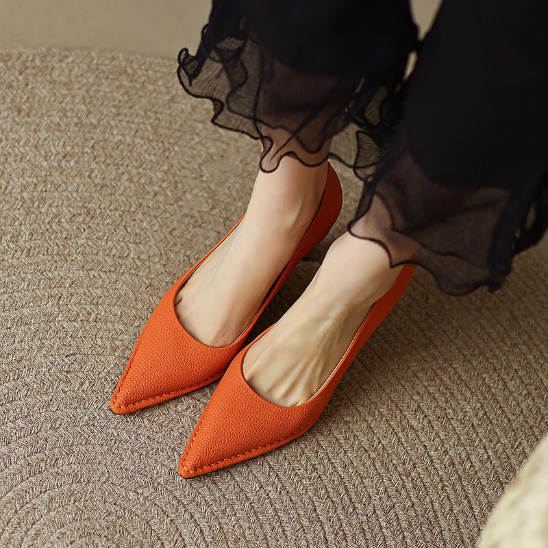 High Heel Shoes Thick High Heel Pointed Cowhide Shallow Mouth Pumps - Elora Moda