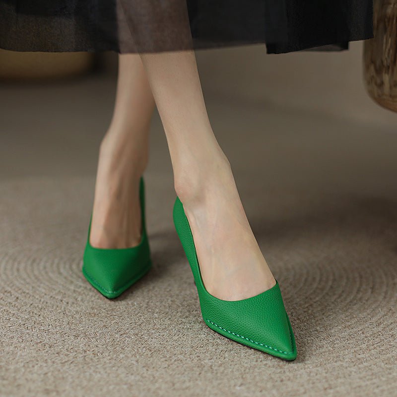 High Heel Shoes Thick High Heel Pointed Cowhide Shallow Mouth Pumps - Elora Moda