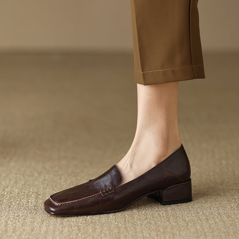 Loafers Women's Shoes Chunky Heel Low Top Square Toe Pumps - Elora Moda