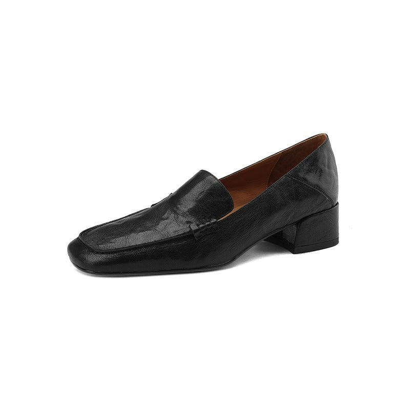 Loafers Women's Shoes Chunky Heel Low Top Square Toe Pumps - Elora Moda