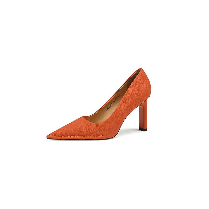 High Heel Shoes Thick High Heel Pointed Cowhide Shallow Mouth Pumps - Elora Moda