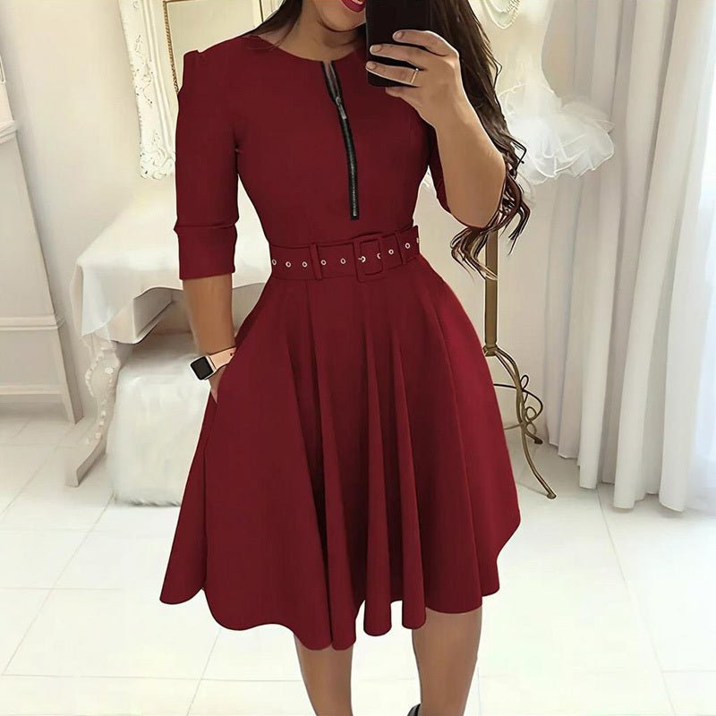 Women's Round Neck Zip Front Midi Dress With Belt - Elora Moda