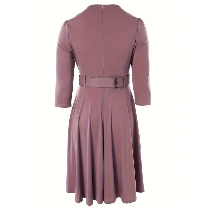 Women's Round Neck Zip Front Midi Dress With Belt - Elora Moda