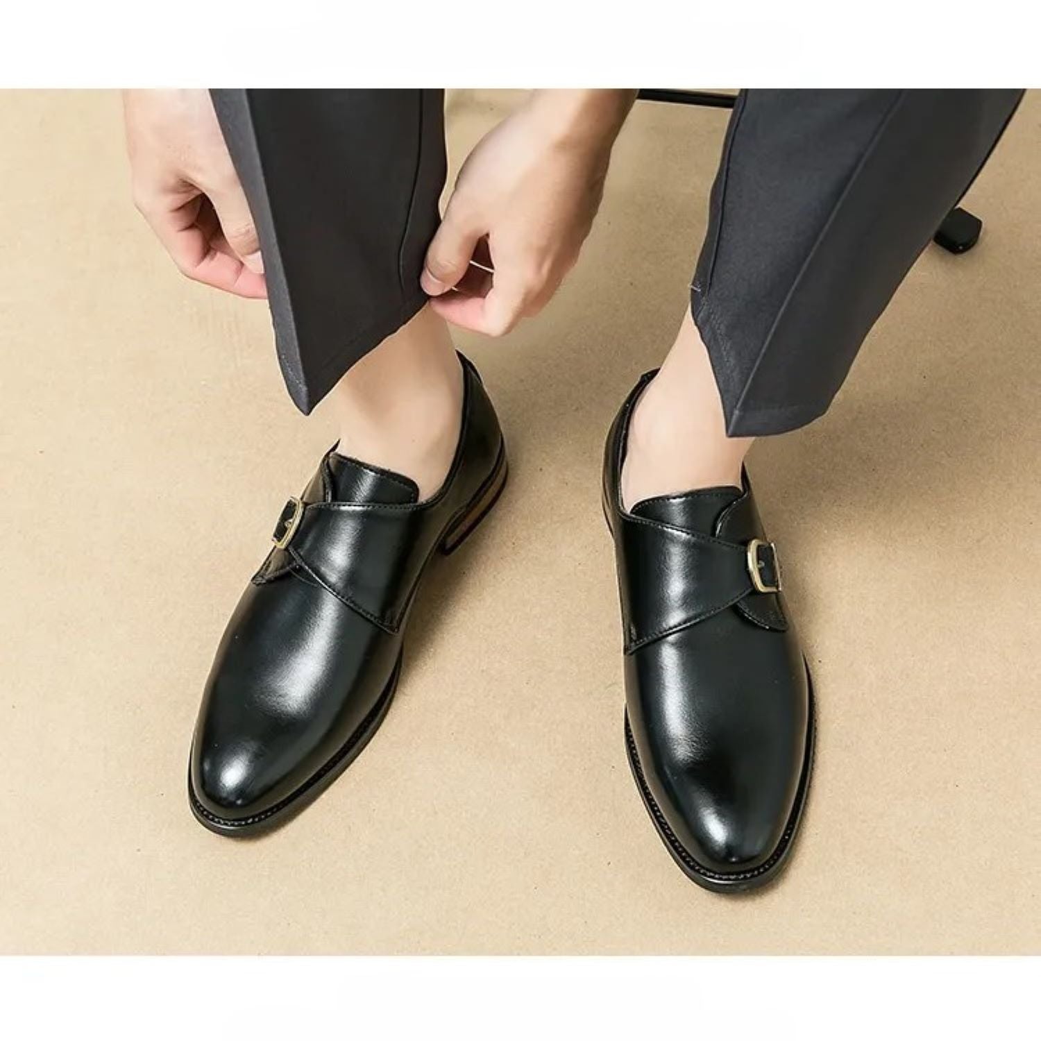 Men's Leather Shoes Derby Casual Breathable Buckle Slip - on - Elora Moda