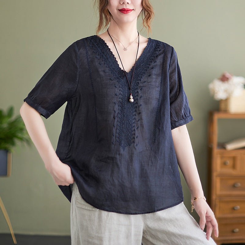 Women's Fashion Artistic Retro Embroidery Short - sleeve Top - Elora Moda
