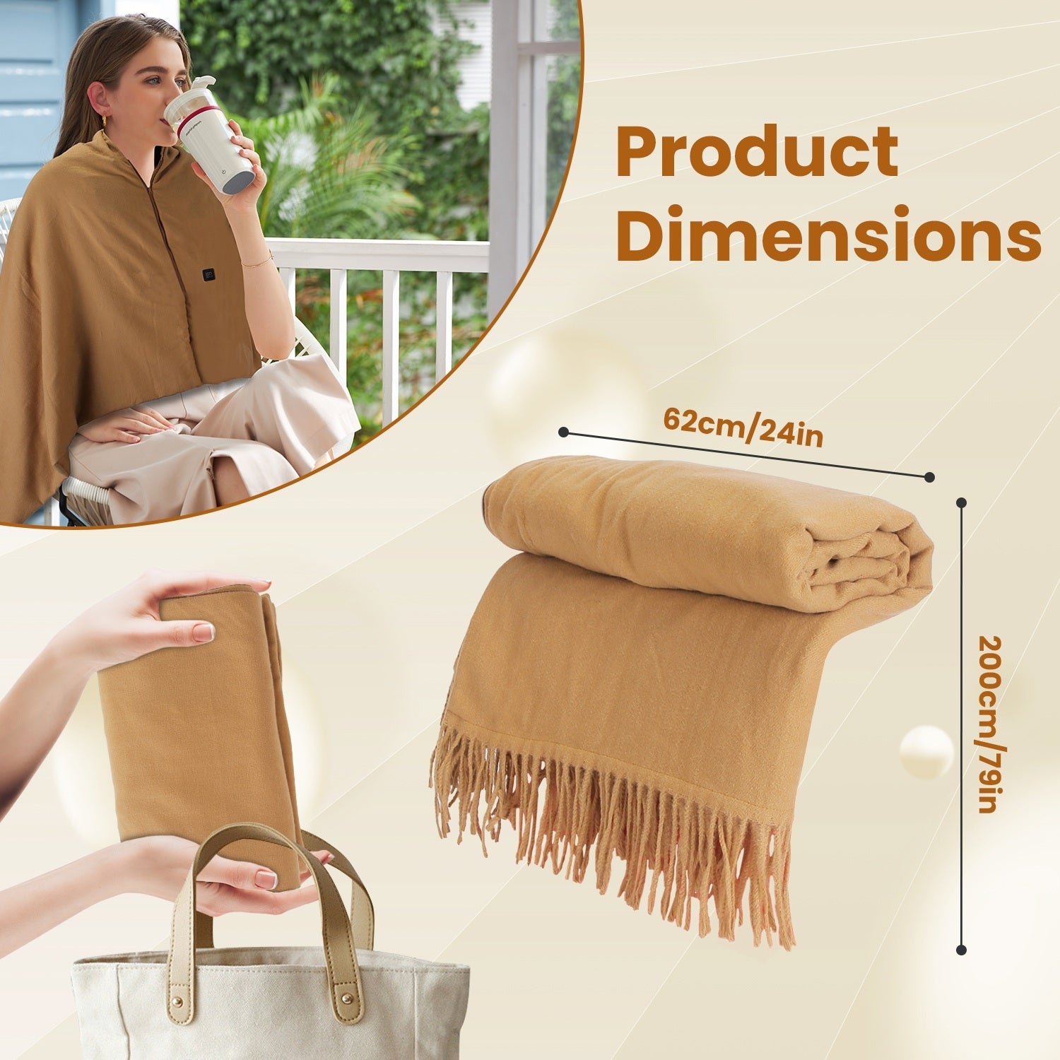 1Pc 79x24In USB Heated Shawl With Teasel Wearable Heating Blanket Electric Throw Wrap Indoor Outdoor With Zipper 3 Heating Levels Machine Washable For Outdoor Home Office - Elora Moda