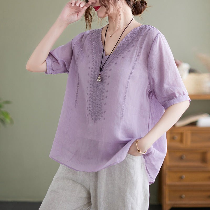 Women's Fashion Artistic Retro Embroidery Short - sleeve Top - Elora Moda