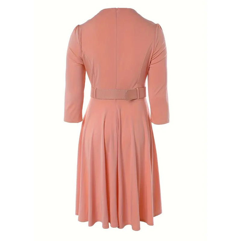 Women's Round Neck Zip Front Midi Dress With Belt - Elora Moda