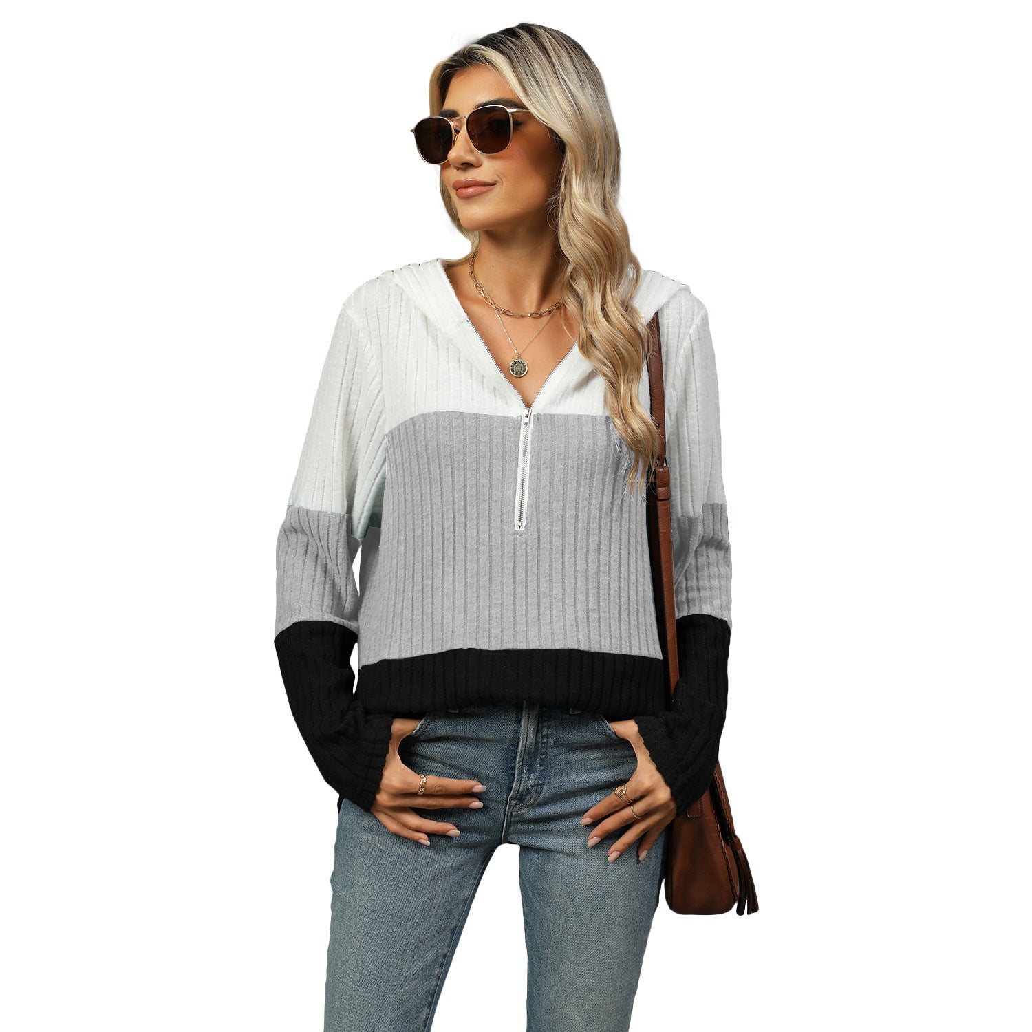 Women's Top Stitching Zipper Hooded Long Sleeve - Elora Moda