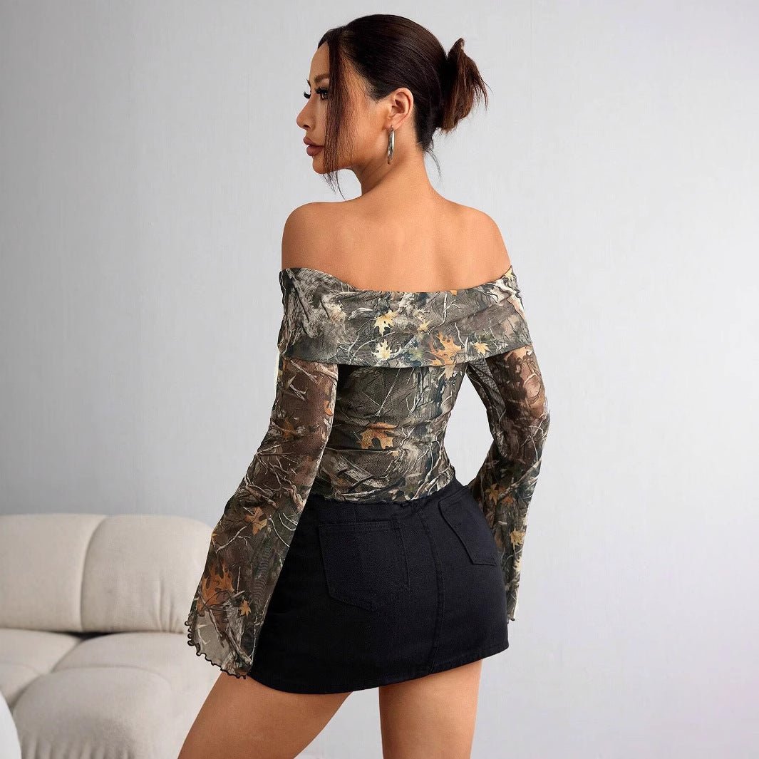 Mesh Printed Off - shoulder Long Sleeved Fitted T-shirt Top - Elora Moda