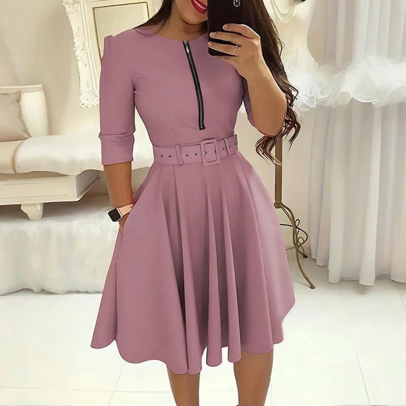 Women's Round Neck Zip Front Midi Dress With Belt - Elora Moda