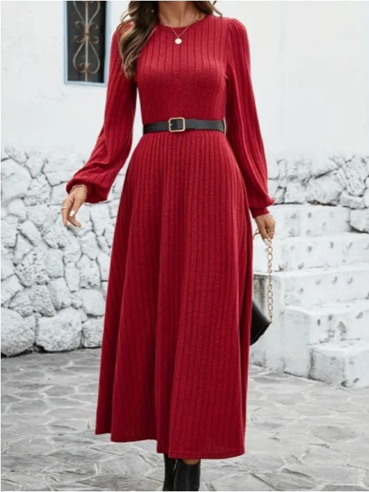 Elegant Maroon Ribbed Midi Dress For Women With Lantern Sleeves - Elora Moda