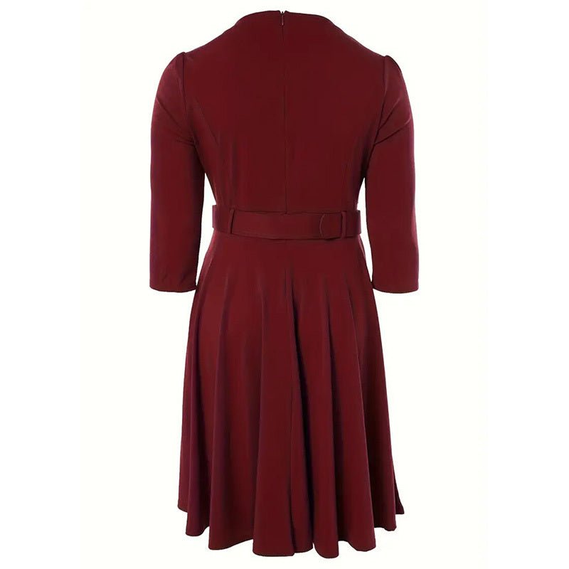Women's Round Neck Zip Front Midi Dress With Belt - Elora Moda