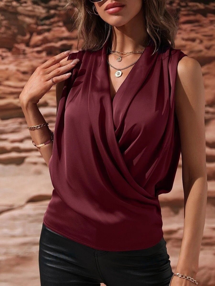 Women's Spring And Summer Sleeveless Satin Pleated Vest New Shirt - Elora Moda
