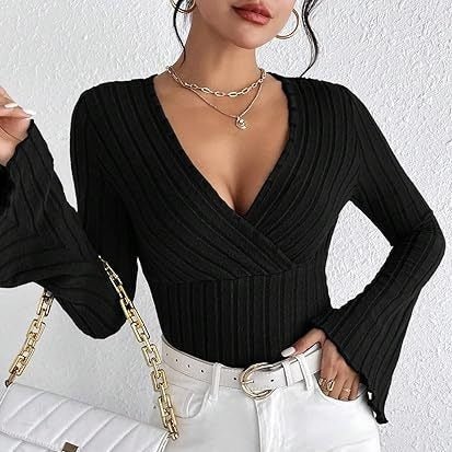 Women's Top Autumn & Winter Rib Sunken Stripe V - neck Slim - fit Long Sleeve - Elora Moda