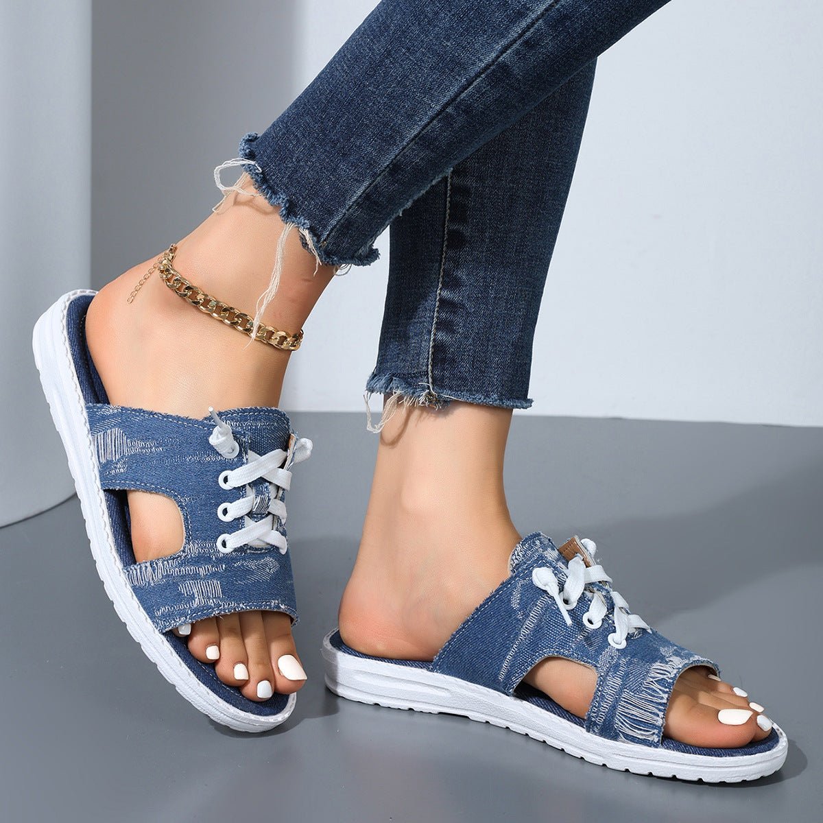Women's Flat Denim Style Canvas Slippers - Elora Moda