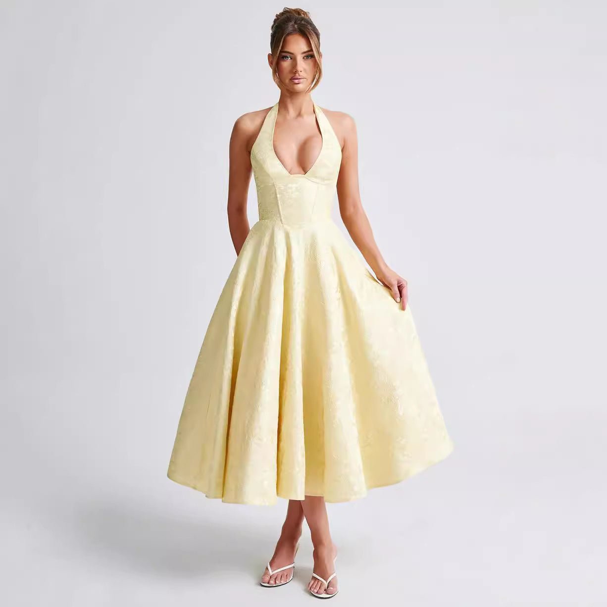 V - neck Halter Sleeveless Jacquard Lace - up Waist Vacation Style Long Adult Dress - Elora Moda
