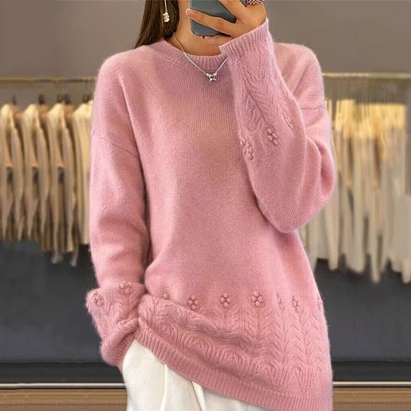 Women's Solid Color 3D Floral Embroidered Pullover - Elora Moda