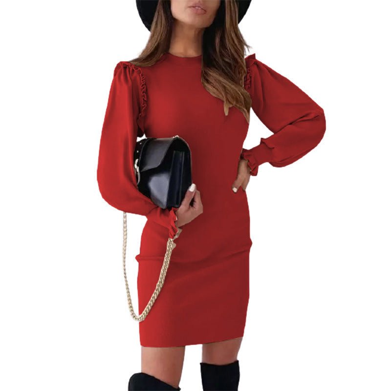 Women Dress American Style Autumn And Winter Solid Color Round Neck - Elora Moda