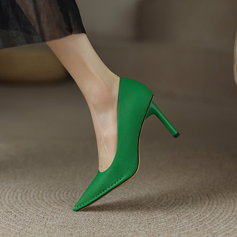 Women's Shoes Thick High Heel Pointed Cowhide Shallow Mouth Pumps - Elora Moda