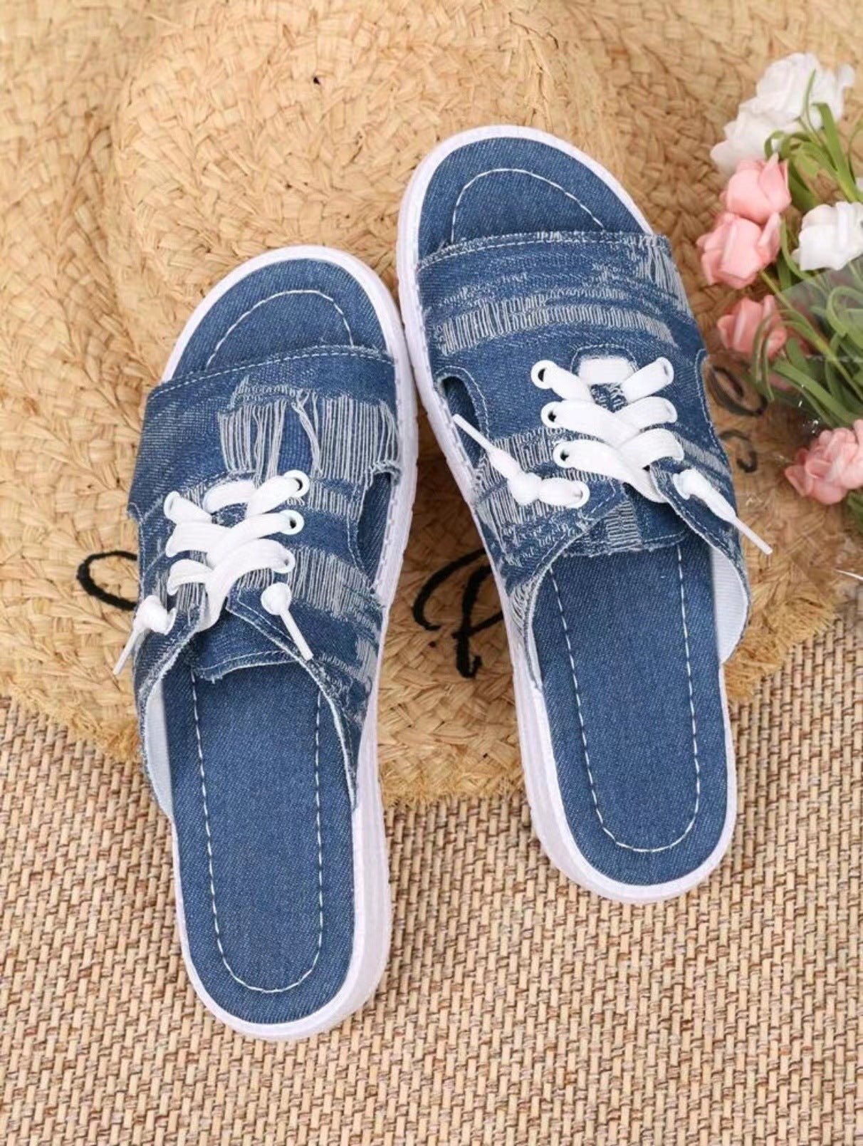 Women's Flat Denim Style Canvas Slippers - Elora Moda