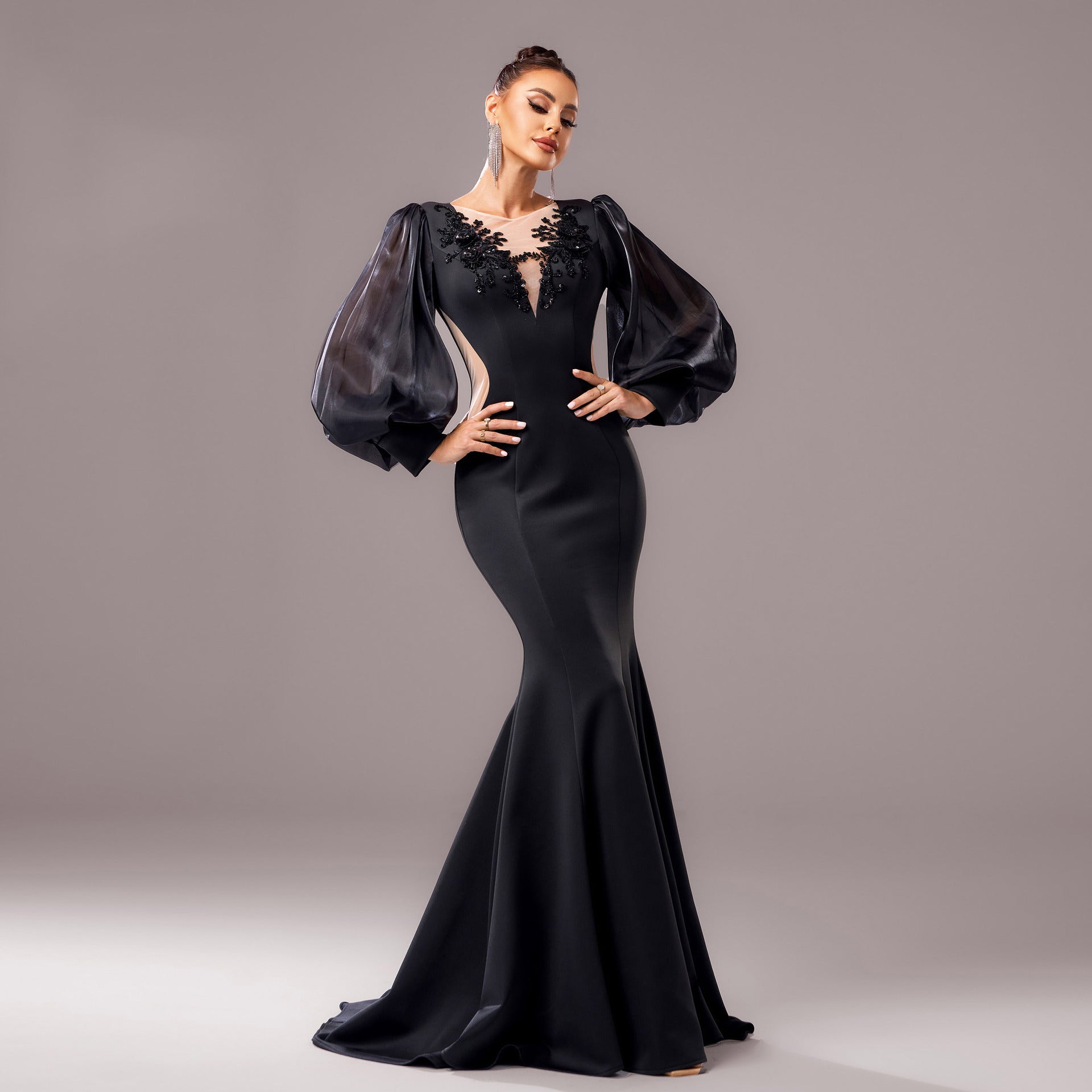 Long Sleeve Round Neck Banquet Applique Sheath Fishtail Dress - Elora Moda