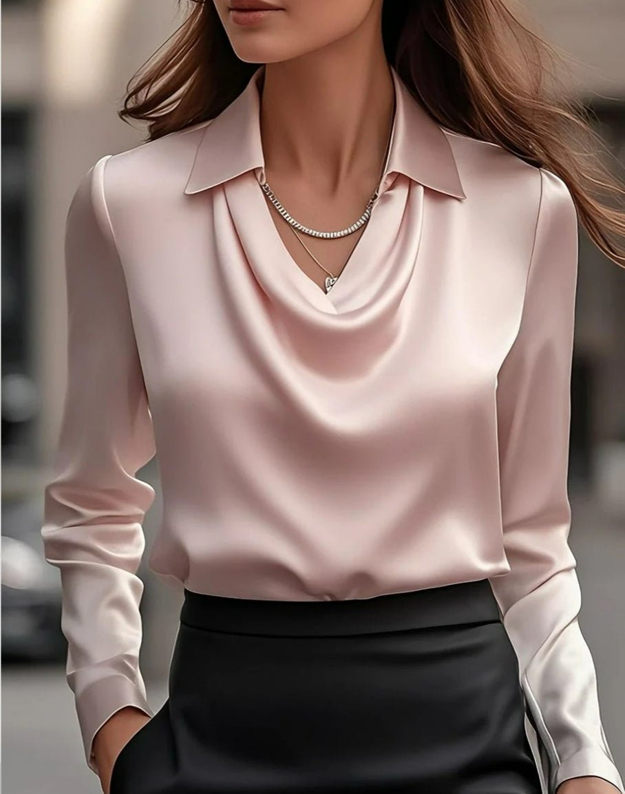 Women's Swing Collar Draped Blouses Elegant Solid Satin Office Ladies Spring Long Sleeve Casual - Elora Moda