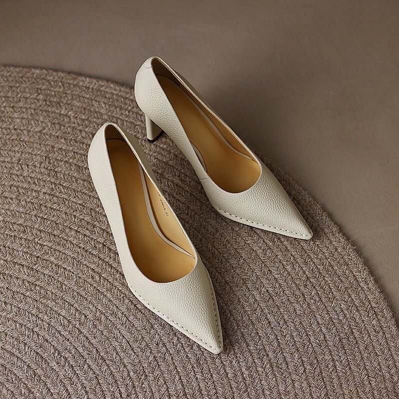 Women's Shoes Thick High Heel Pointed Cowhide Shallow Mouth Pumps - Elora Moda