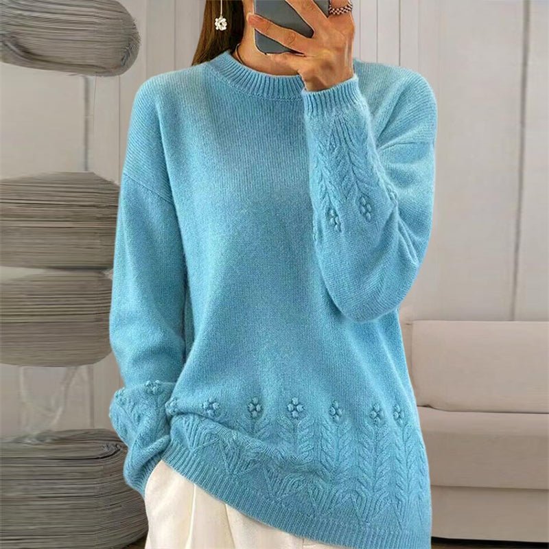 Women's Solid Color 3D Floral Embroidered Pullover - Elora Moda
