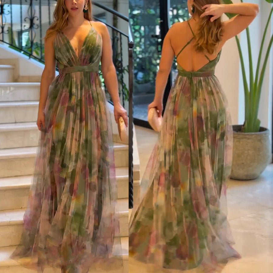 Women's Mesh Floral Print Suspender Dress - Elora Moda