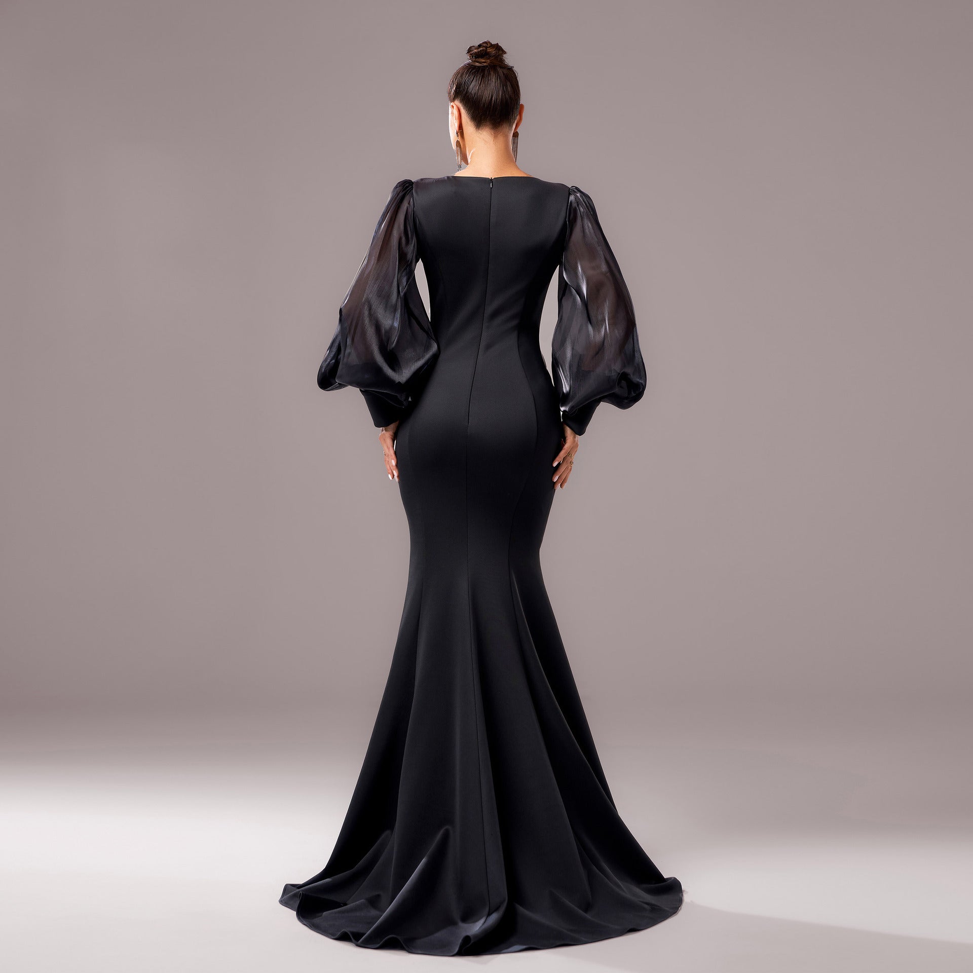 Long Sleeve Round Neck Banquet Applique Sheath Fishtail Dress - Elora Moda