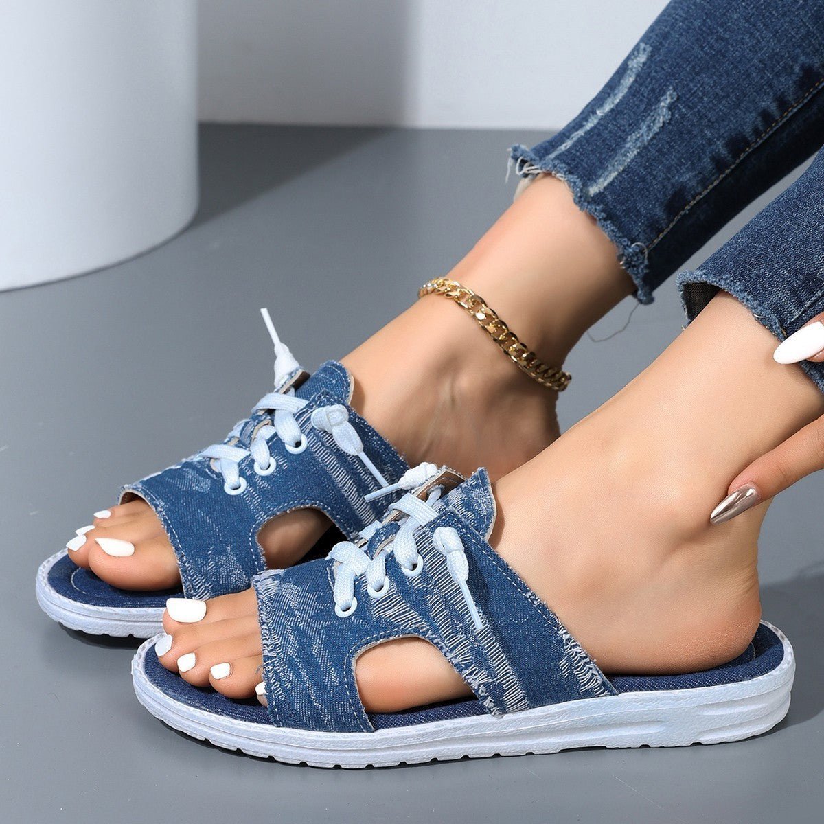 Women's Flat Denim Style Canvas Slippers - Elora Moda