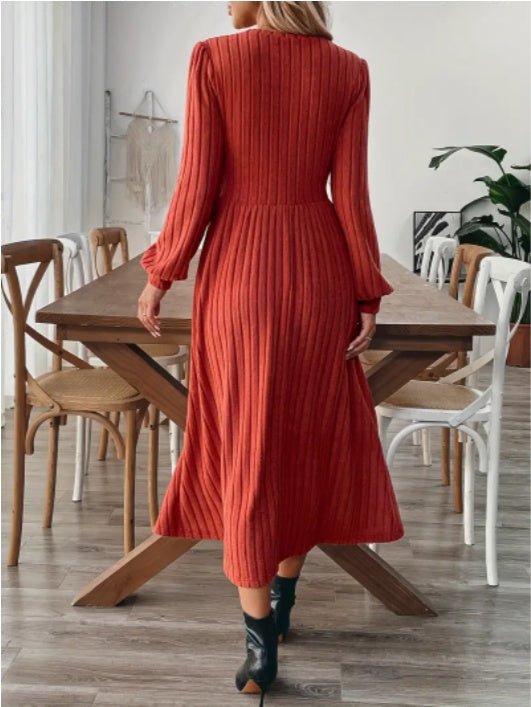 Elegant Maroon Ribbed Midi Dress For Women With Lantern Sleeves - Elora Moda