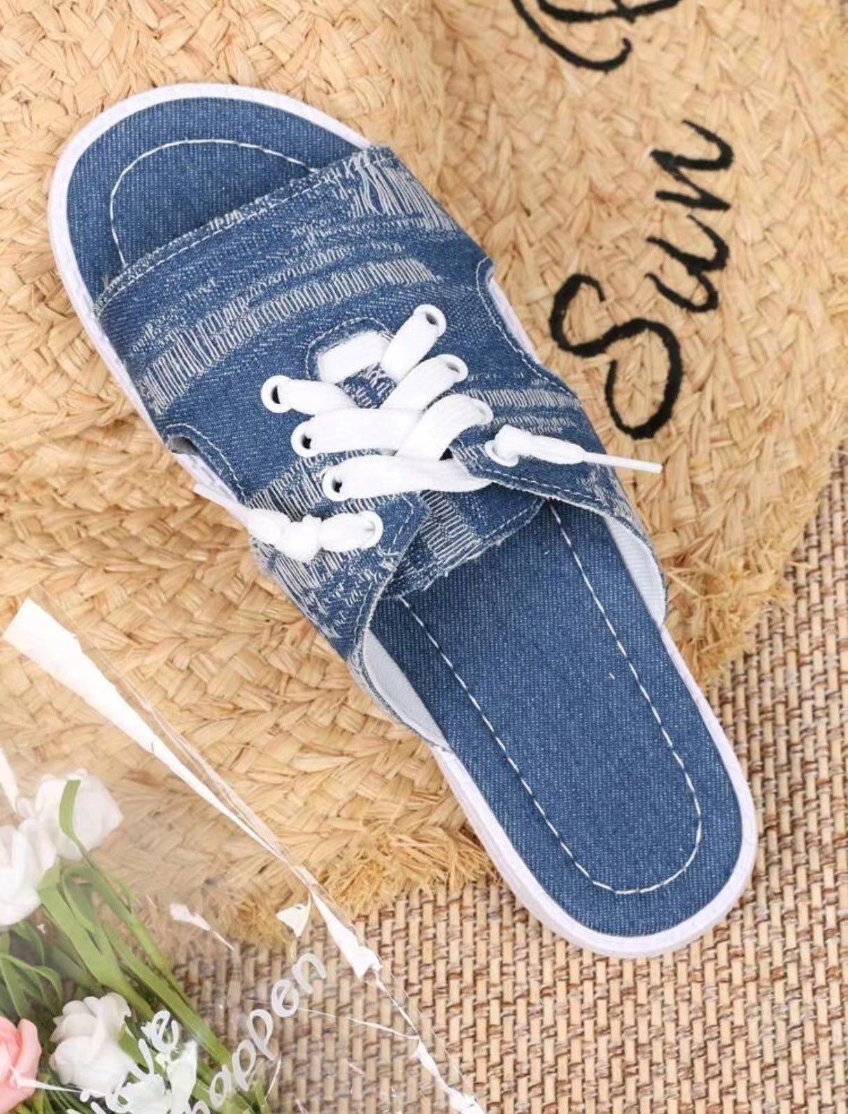 Women's Flat Denim Style Canvas Slippers - Elora Moda