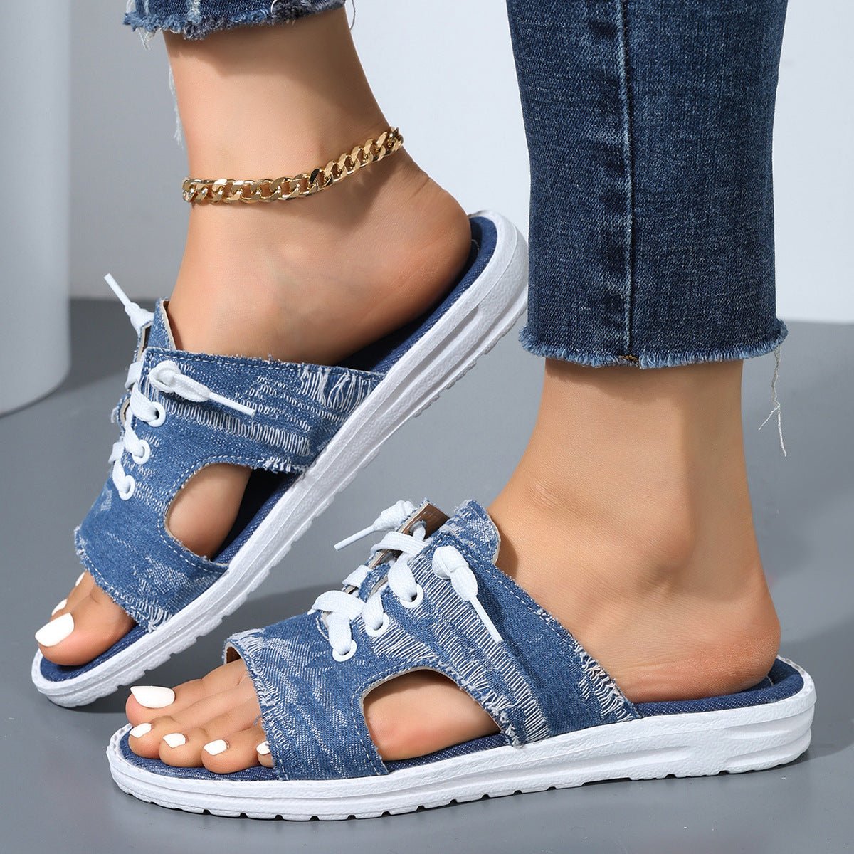 Women's Flat Denim Style Canvas Slippers - Elora Moda