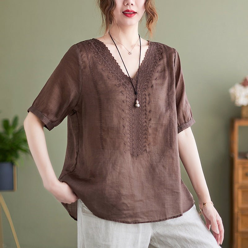 Women's Fashion Artistic Retro Embroidery Short - sleeve Top - Elora Moda