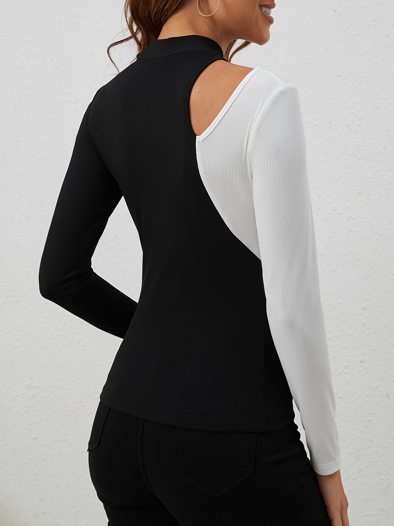 Women Shirt Color Contrast Patchwork Long Sleeve - Elora Moda