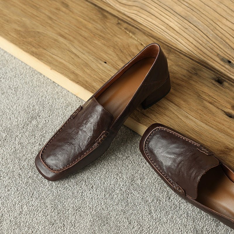 Women's Loafer Shoes Chunky Low Heel Top Square Toe Pumps - Elora Moda
