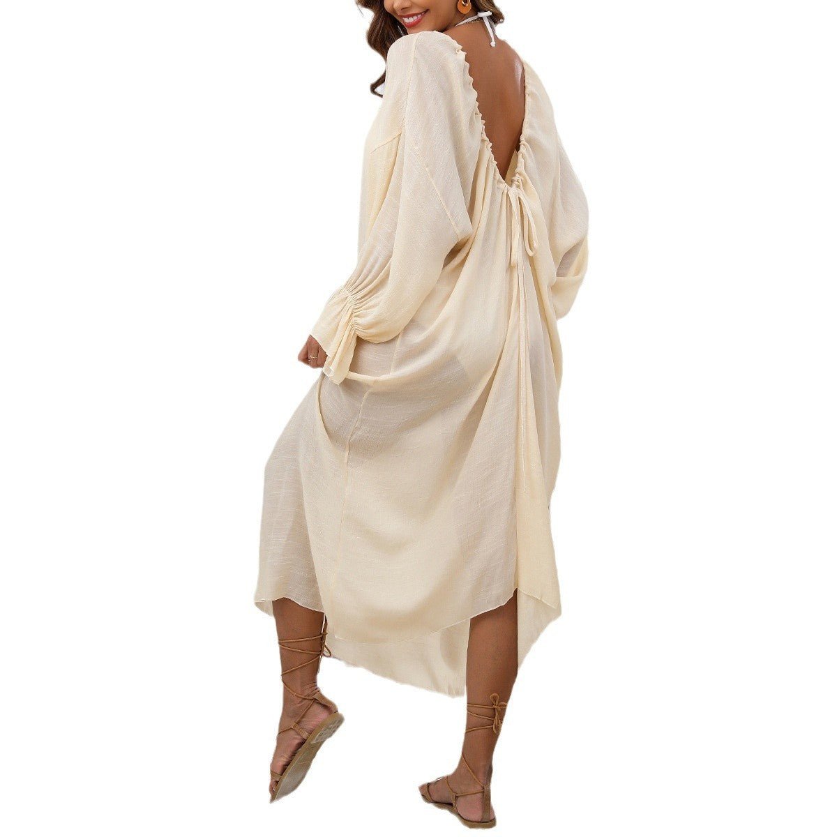 Women's Home Dress Round Neck Deep V - Elora Moda