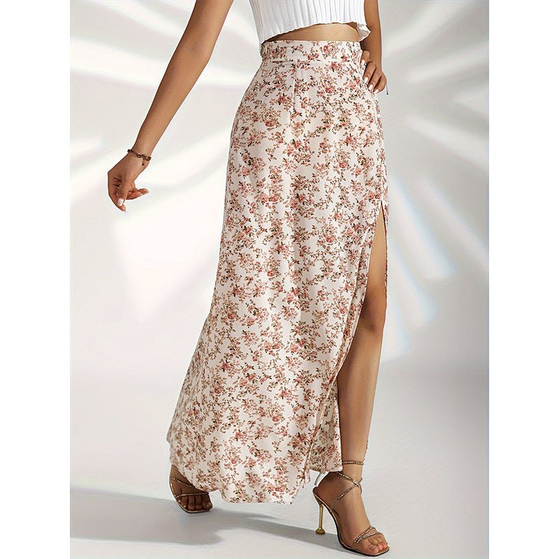 Gentle High Waist Slit Floral Skirt For Women - Elora Moda