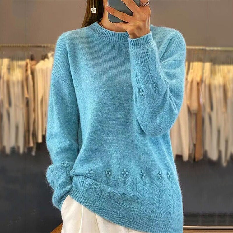 Women's Solid Color 3D Floral Embroidered Pullover - Elora Moda