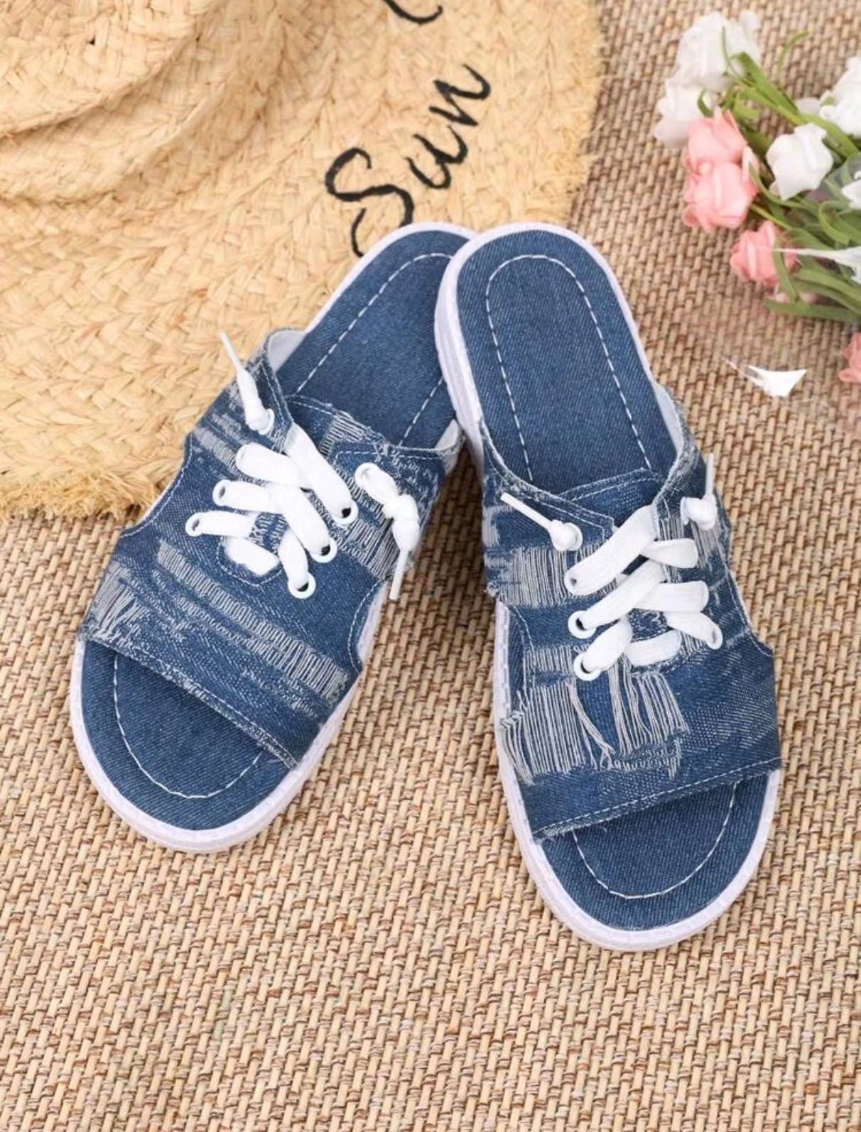 Women's Flat Denim Style Canvas Slippers - Elora Moda