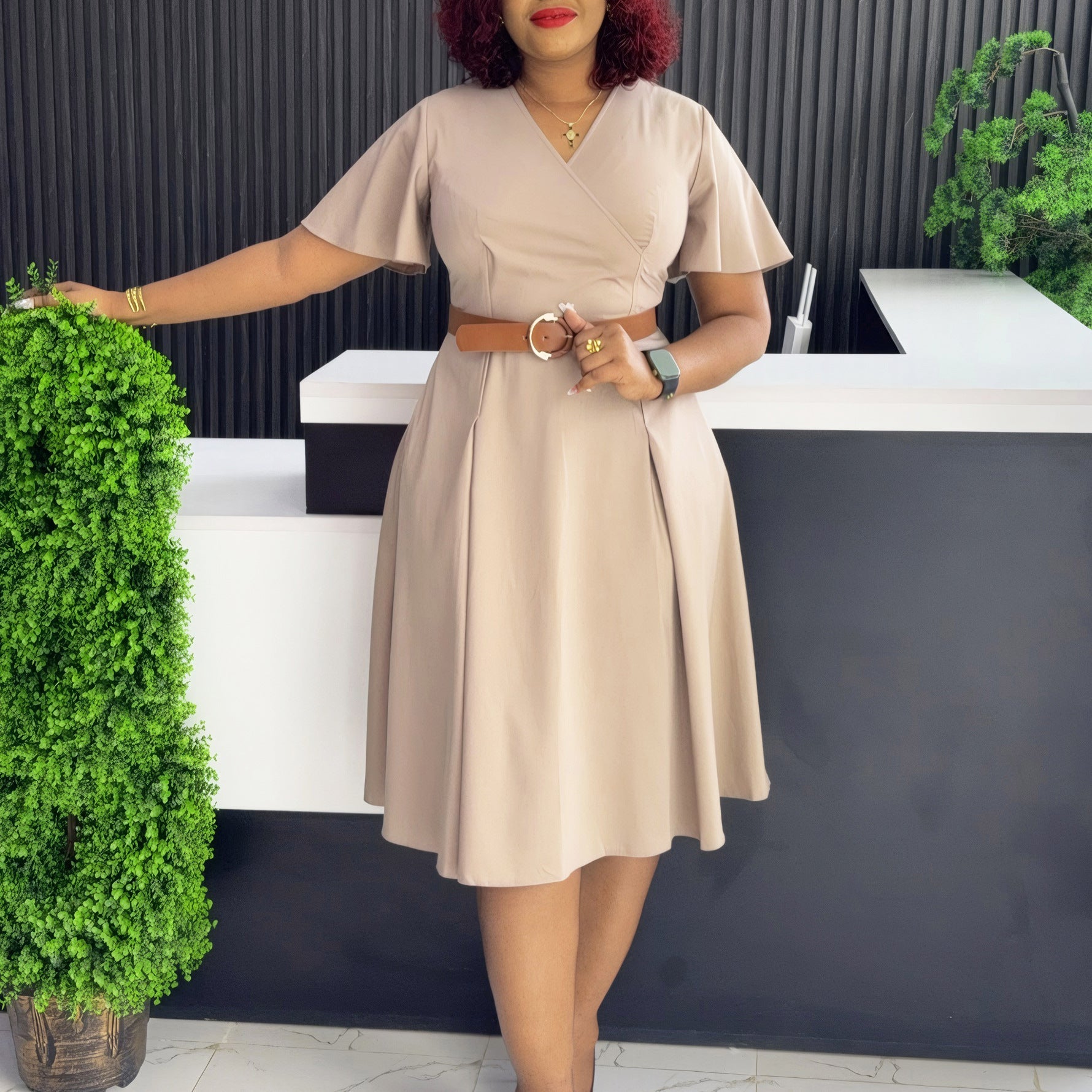 Women's Dress V - neck Bell Sleeve Casual A - Line - Elora Moda