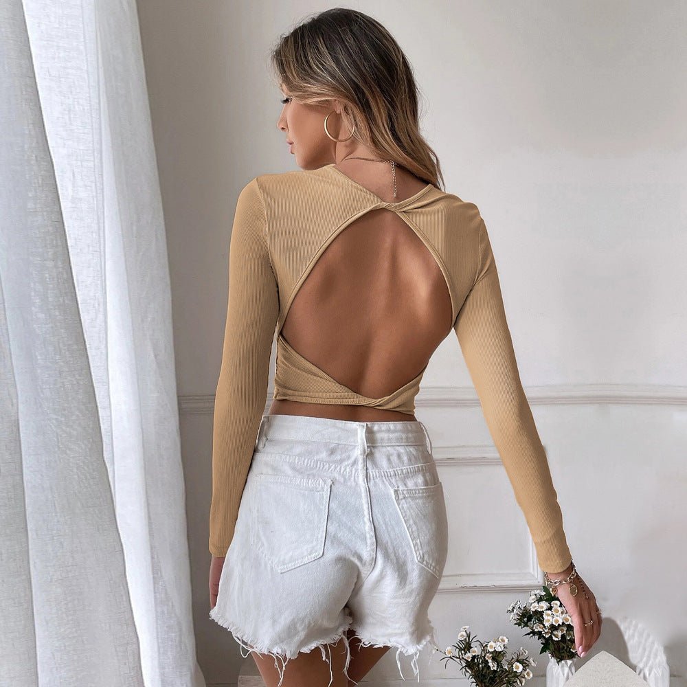Cropped Slim Knit Long Sleeve T-Shirt Top - Elora Moda