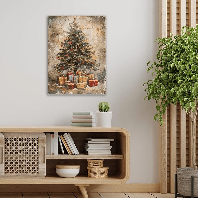 A Canvas Oil Painting With A Wooden Frame, Depicting A Vintage Christmas Tree With Gifts Under It Decorating The Living Room. - Elora Moda