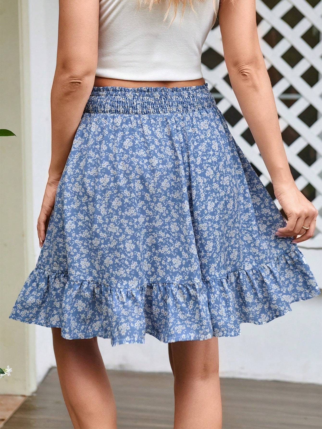 Women's Summer Floral Printed Ruffle Hem Vacation Casual Half - body Skirt - Elora Moda