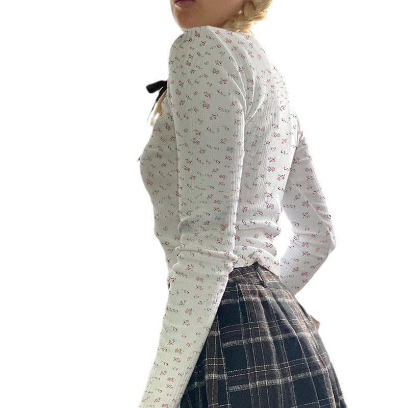 Sweet Girl Small Floral V - neck Slim - fit Long Sleeve T-shirt Bottoming Shirt Fashion - Elora Moda