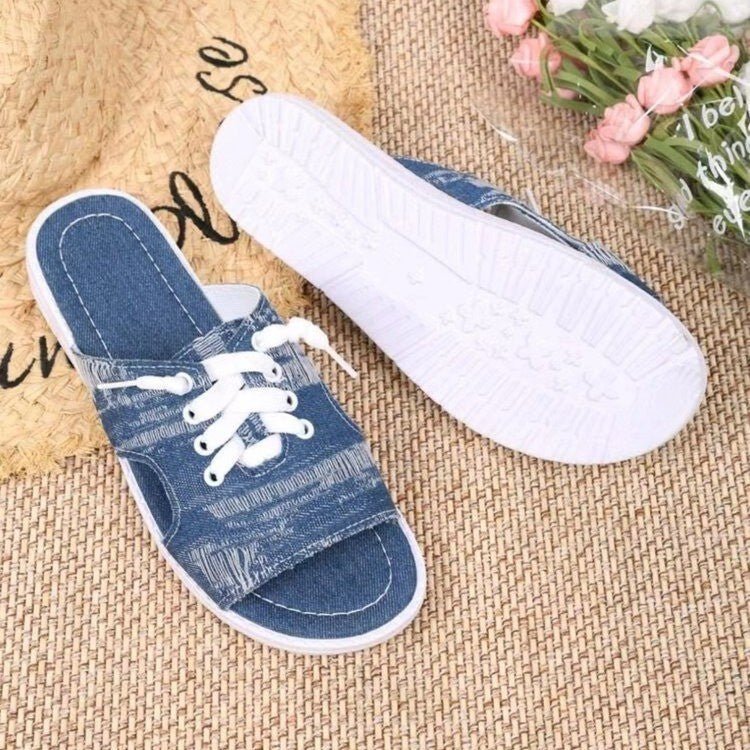 Women's Flat Denim Style Canvas Slippers - Elora Moda